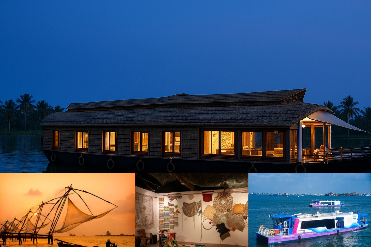 Kochi Biennale art, Chinese fishing nets, and Alleppey houseboat.